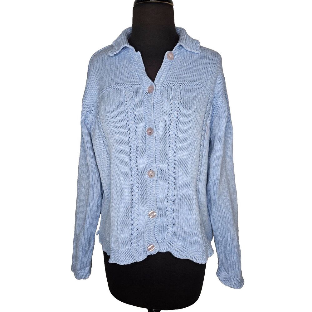 TALBOTS Petites Cable Knit Cardigan Lrg Blue Buttons Collared Cottagecore Preppy